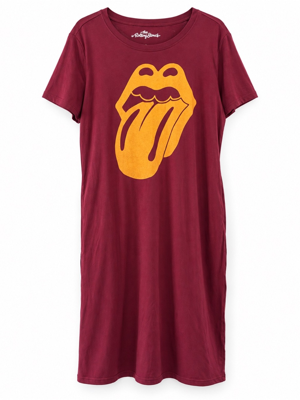 the Rolling Stones Burgundy Tee Dress with Yellow Tongue Graphic